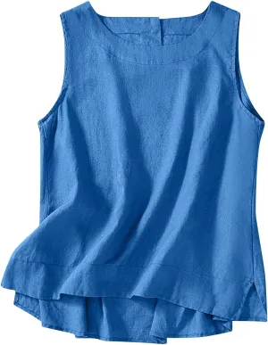 Cotton Linen Tank Tops for Women Summer Vacation Tops Loose Fit Sleeveless Round Neck Shirts Beach Tees Vests