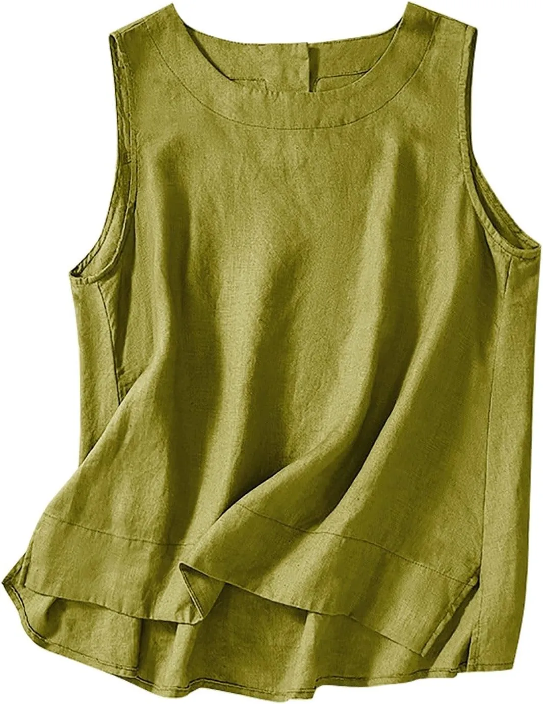 Cotton Linen Tank Tops Women Sleeveless Crew Neck Tee Side Split Elegant Solid Lightweight Comfy Blouses Summer Vest