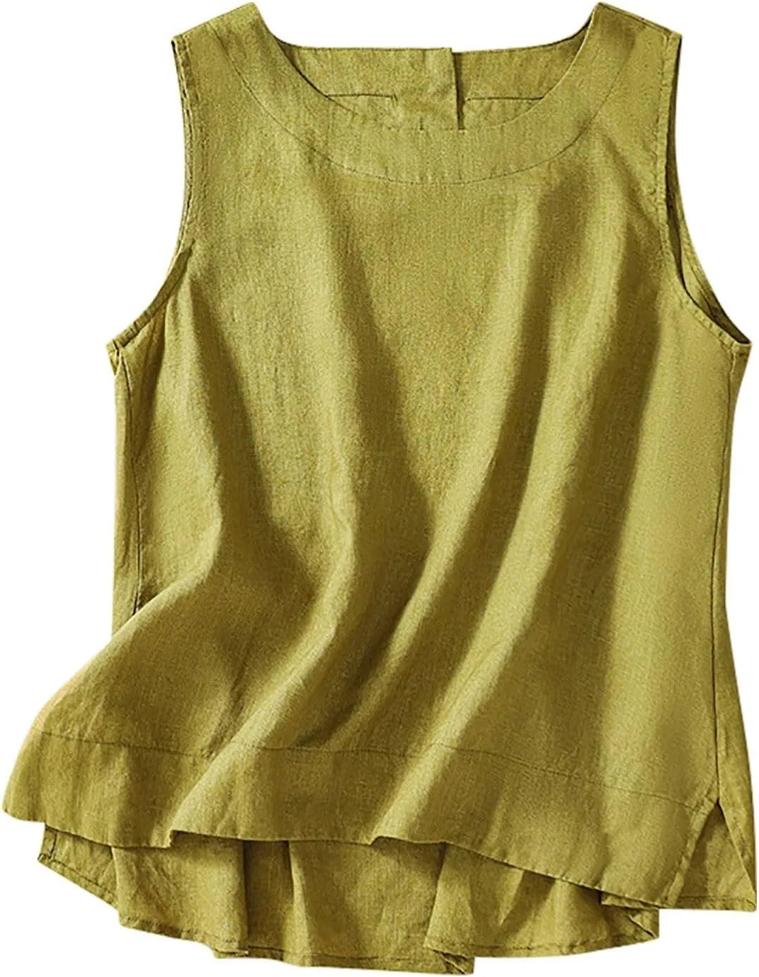 Cotton Linen Tank Tops Women Sleeveless Crew Neck Tee Side Split Elegant Solid Lightweight Comfy Blouses Summer Vest