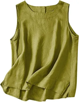 Cotton Linen Tank Tops Women Sleeveless Crew Neck Tee Side Split Elegant Solid Lightweight Comfy Blouses Summer Vest