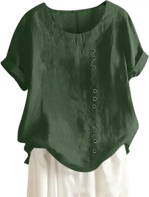 Cotton Linen Tops for Women 2025 Summer Casual Roll Up Short Sleeve T-Shirt Loose Fit Solid Color Tees Blouses