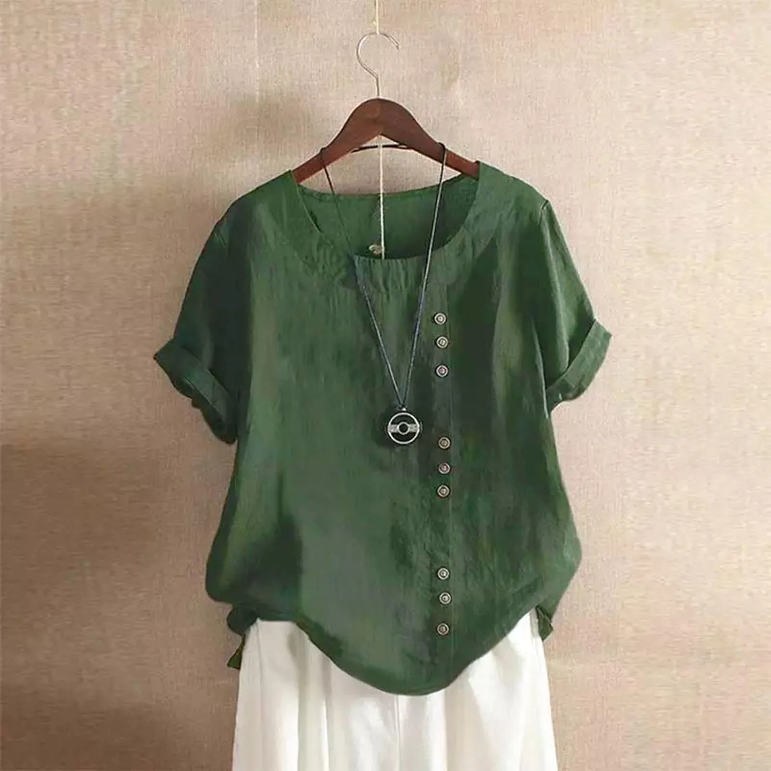 Cotton Linen Tops for Women 2025 Summer Casual Roll Up Short Sleeve T-Shirt Loose Fit Solid Color Tees Blouses