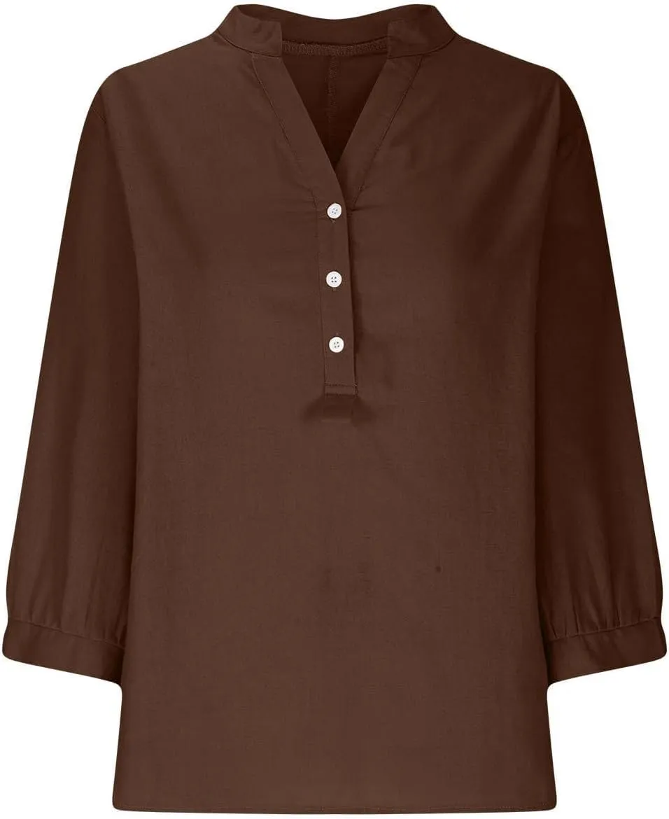 Cotton Linen Tops for Women Solid Color Medium Sleeve Collar Casual Women's Shirt Women's Shirt Womens Linen Tops