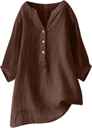 Cotton Linen Tops for Women Solid Color Medium Sleeve Collar Casual Women's Shirt Women's Shirt Womens Linen Tops