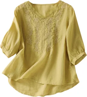 Cotton Linen Tops for Women Summer 3/4 Sleeve Vintage Embroidery Shirts Casual Loose Tunic Tee Floral Printed Blouse