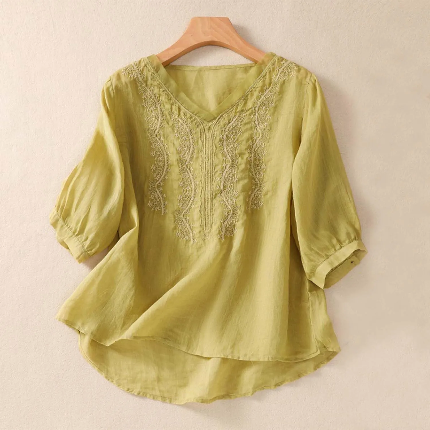 Cotton Linen Tops for Women Summer 3/4 Sleeve Vintage Embroidery Shirts Casual Loose Tunic Tee Floral Printed Blouse
