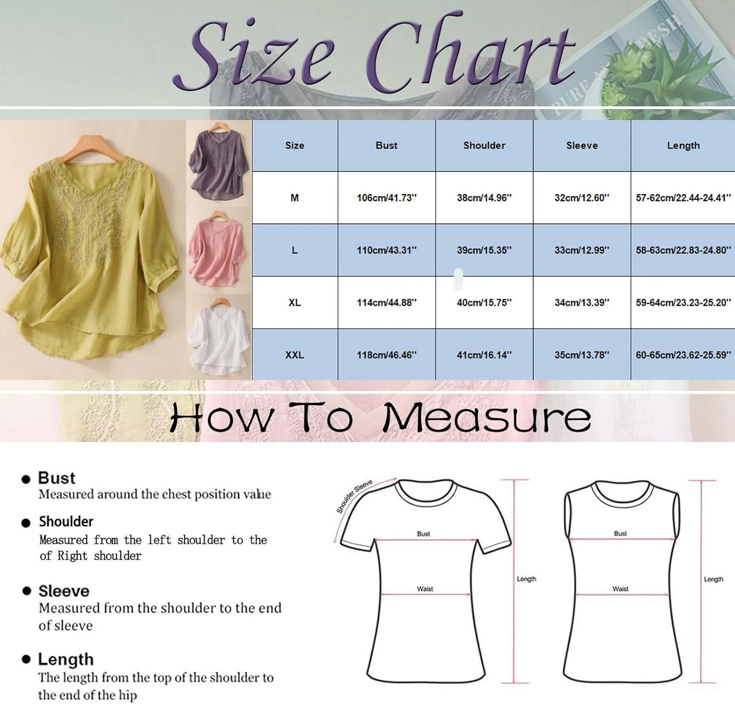 Cotton Linen Tops for Women Summer 3/4 Sleeve Vintage Embroidery Shirts Casual Loose Tunic Tee Floral Printed Blouse