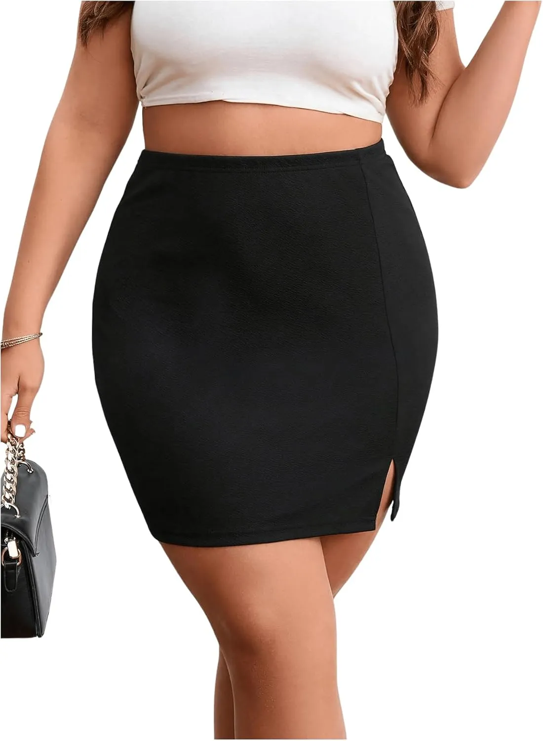 COZYEASE Women's Plus Size Ruched Bodycon Skirt Slim Fit Mini Skirt with Slit Trendy Elegant Bottoms