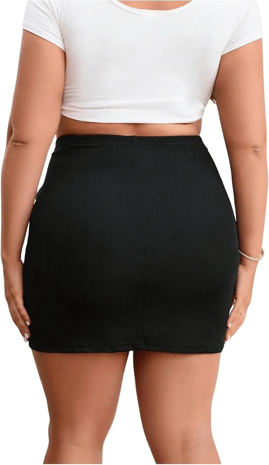 COZYEASE Women's Plus Size Ruched Bodycon Skirt Slim Fit Mini Skirt with Slit Trendy Elegant Bottoms