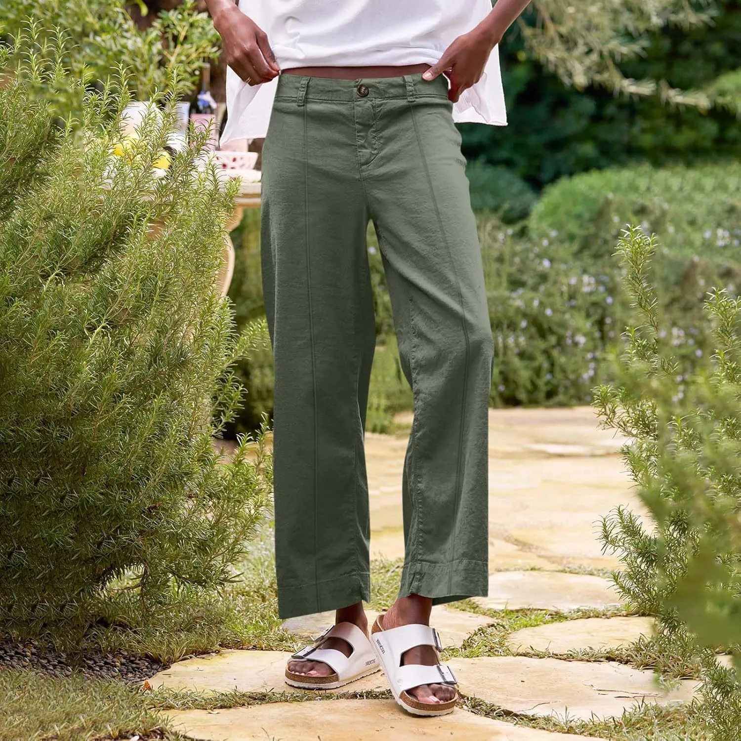 Cropped Linen Pants Women Summer Flare Wide Leg Pants High Waisted Work Pants Business Casual Bootcut Trouser Pants