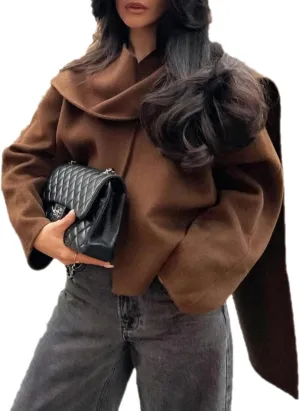 Dawery Women Brown Scarf Shawl Collar Short Wool Blends Coat Long Sleeve Casual Jacket Autumn Street Outerwear