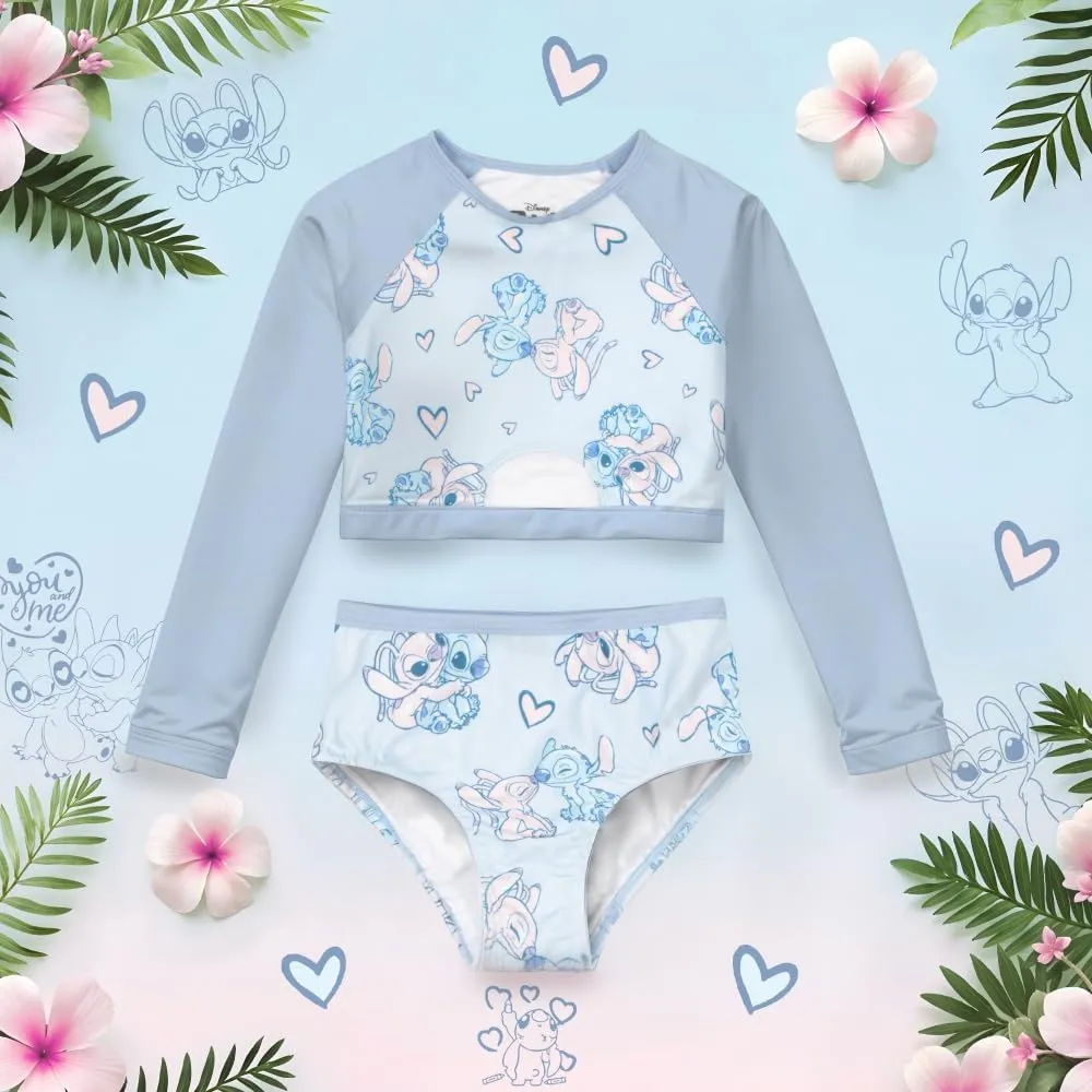 Disney Lilo & Stitch Girls 2-Piece Swimsuit Set, Long-Sleeved Rash Guard and Bikini Bottoms, Quick-Drying Swimwear for Kids