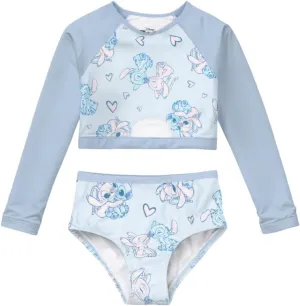 Disney Lilo & Stitch Girls 2-Piece Swimsuit Set, Long-Sleeved Rash Guard and Bikini Bottoms, Quick-Drying Swimwear for Kids