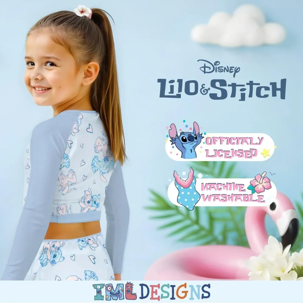 Disney Lilo & Stitch Girls 2-Piece Swimsuit Set, Long-Sleeved Rash Guard and Bikini Bottoms, Quick-Drying Swimwear for Kids
