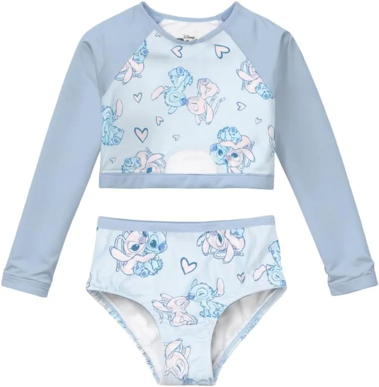 Disney Lilo & Stitch Girls 2-Piece Swimsuit Set, Long-Sleeved Rash Guard and Bikini Bottoms, Quick-Drying Swimwear for Kids