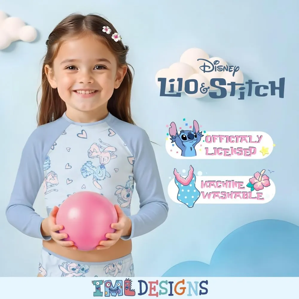 Disney Lilo & Stitch Girls 2-Piece Swimsuit Set, Long-Sleeved Rash Guard and Bikini Bottoms, Quick-Drying Swimwear for Kids