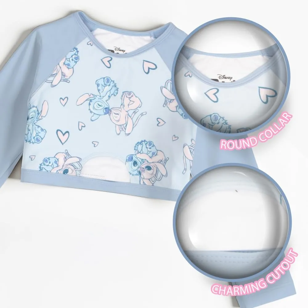 Disney Lilo & Stitch Girls 2-Piece Swimsuit Set, Long-Sleeved Rash Guard and Bikini Bottoms, Quick-Drying Swimwear for Kids