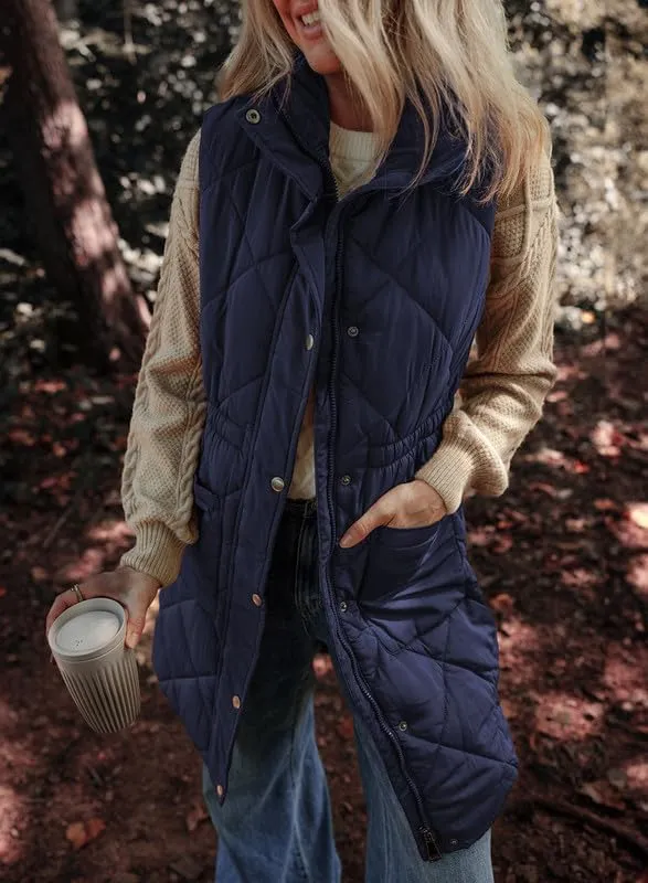 Dokotoo Women's Casual Winter Long Puffer Vest Stand Collar Sleeveless Puffy Jackets Coat with Pockets