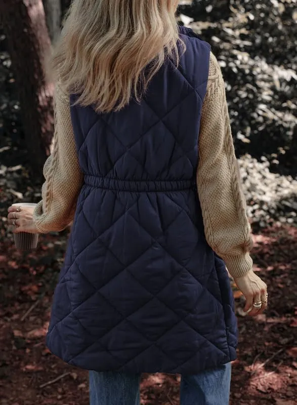 Dokotoo Women's Casual Winter Long Puffer Vest Stand Collar Sleeveless Puffy Jackets Coat with Pockets