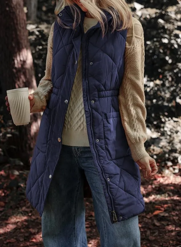 Dokotoo Women's Casual Winter Long Puffer Vest Stand Collar Sleeveless Puffy Jackets Coat with Pockets