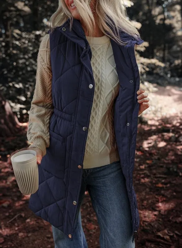 Dokotoo Women's Casual Winter Long Puffer Vest Stand Collar Sleeveless Puffy Jackets Coat with Pockets