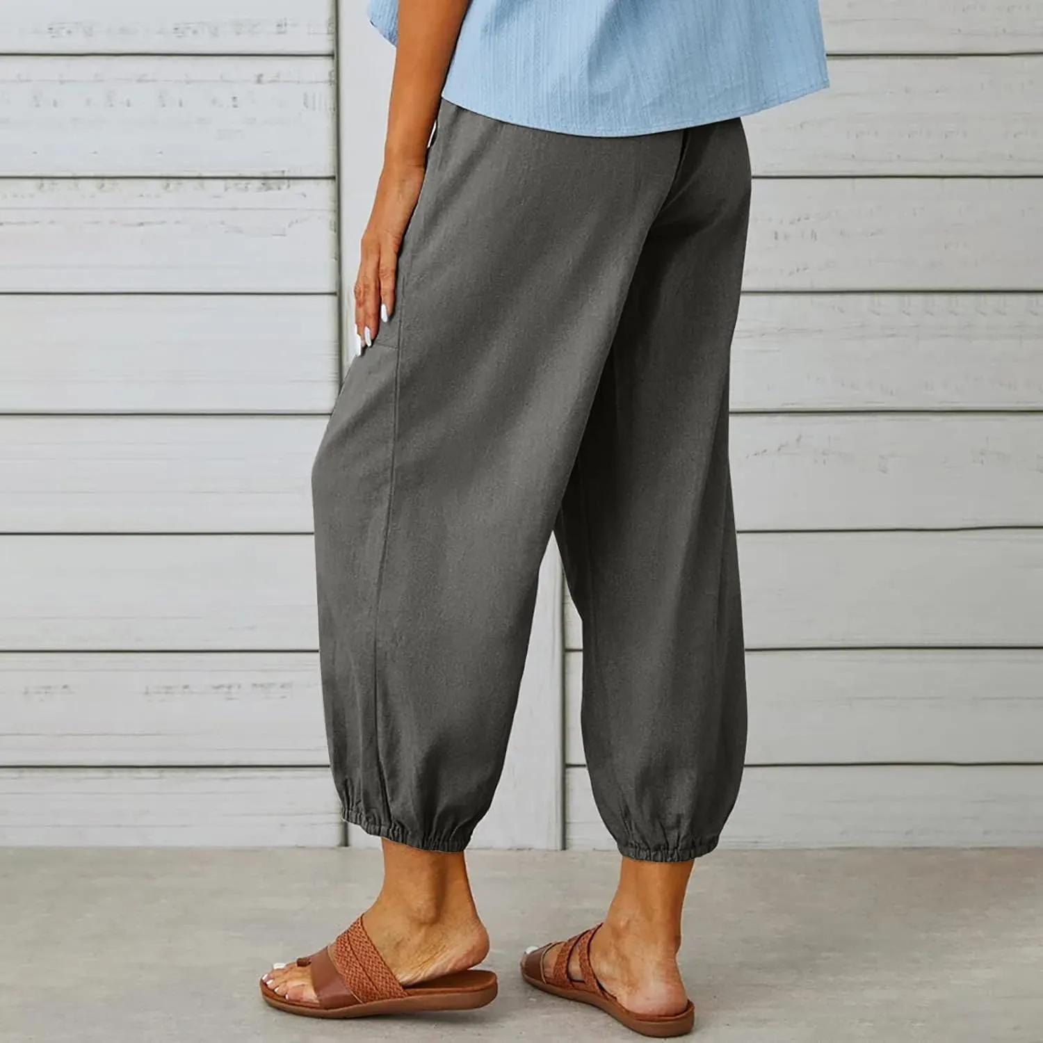 Drawstring Linen Pants for Women Loose Fit Button Down Pants High Waisted Wide Leg Pants Lounge Pants with Pockets