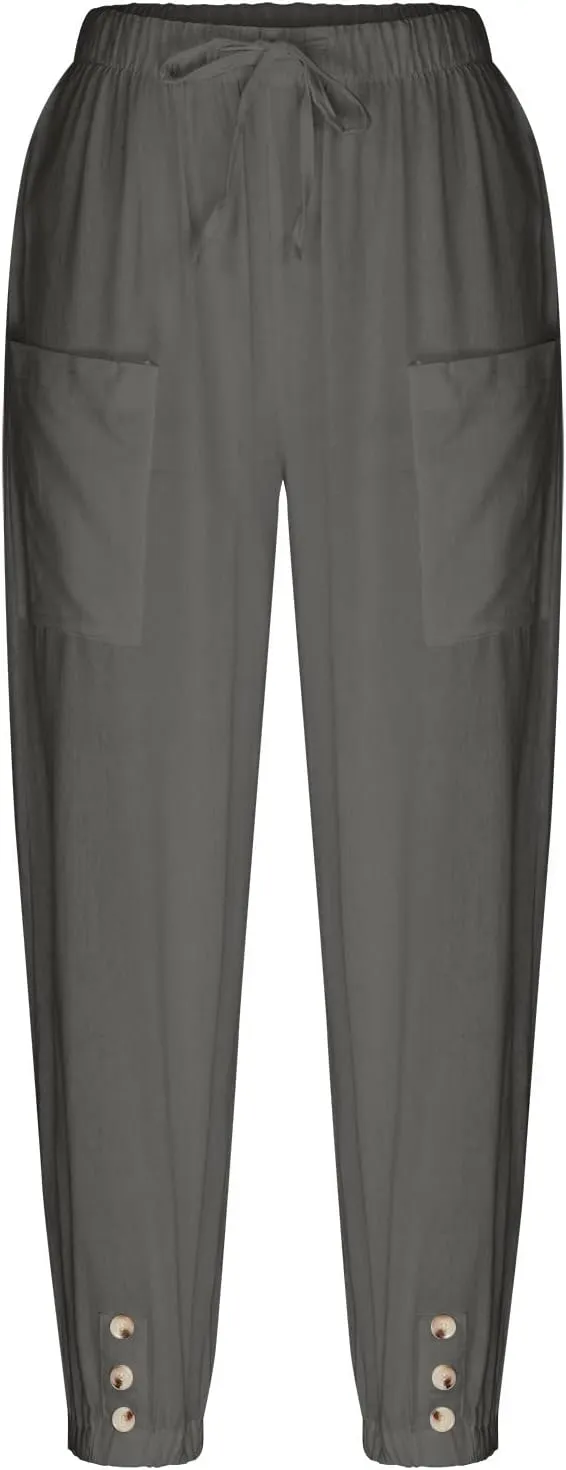 Drawstring Linen Pants for Women Loose Fit Button Down Pants High Waisted Wide Leg Pants Lounge Pants with Pockets