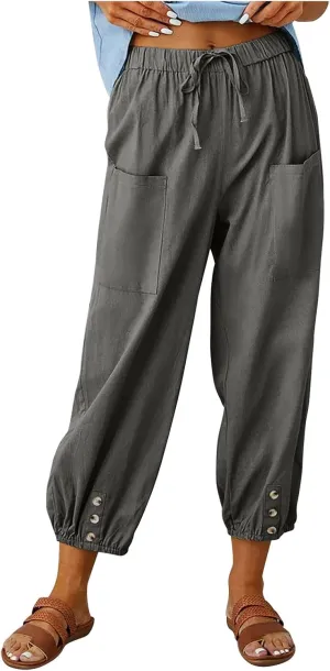 Drawstring Linen Pants for Women Loose Fit Button Down Pants High Waisted Wide Leg Pants Lounge Pants with Pockets