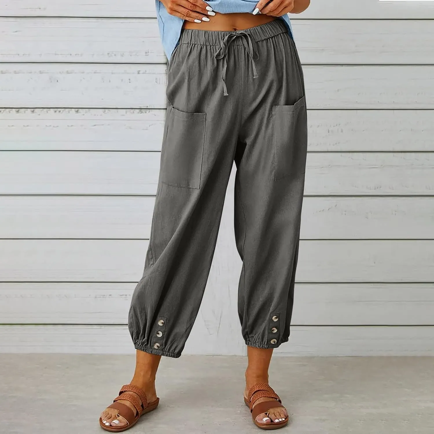 Drawstring Linen Pants for Women Loose Fit Button Down Pants High Waisted Wide Leg Pants Lounge Pants with Pockets