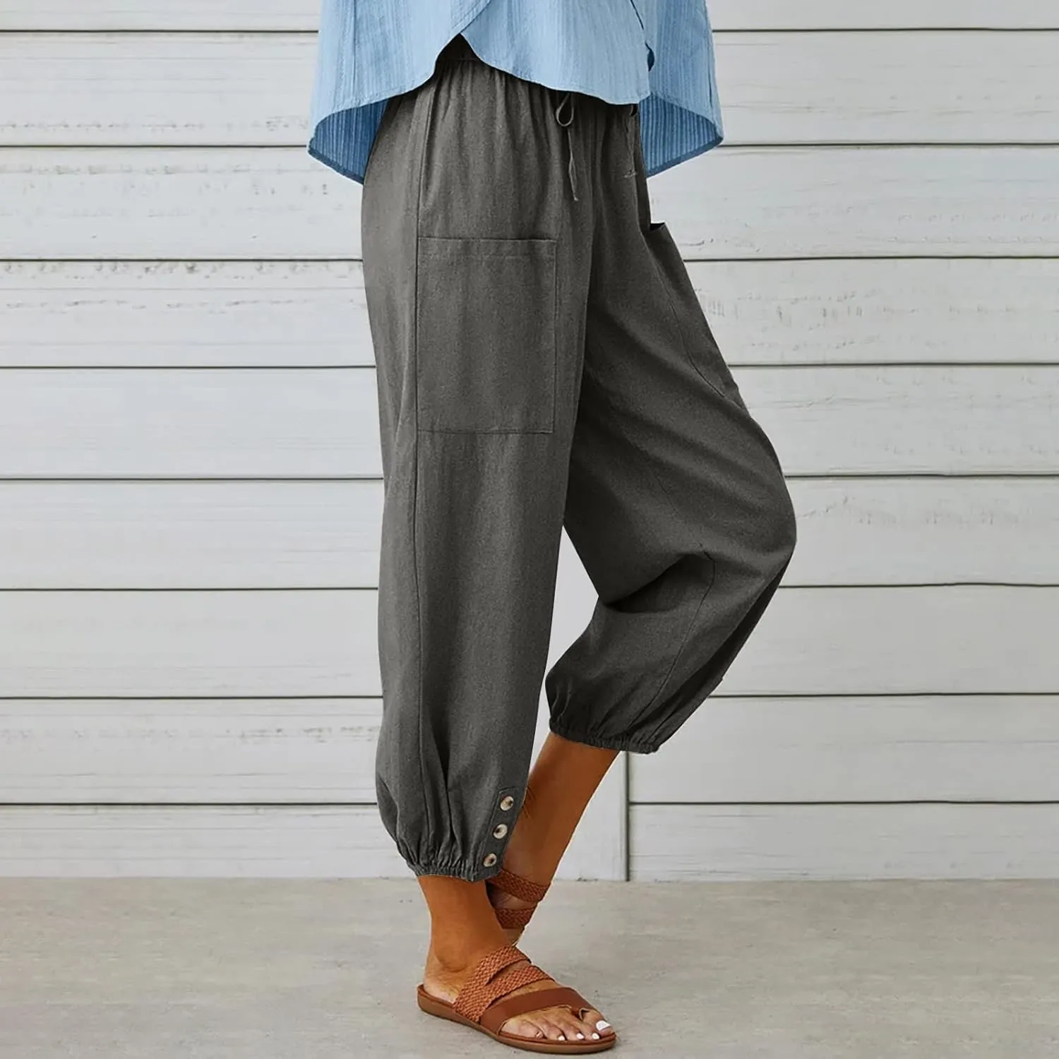 Drawstring Linen Pants for Women Loose Fit Button Down Pants High Waisted Wide Leg Pants Lounge Pants with Pockets