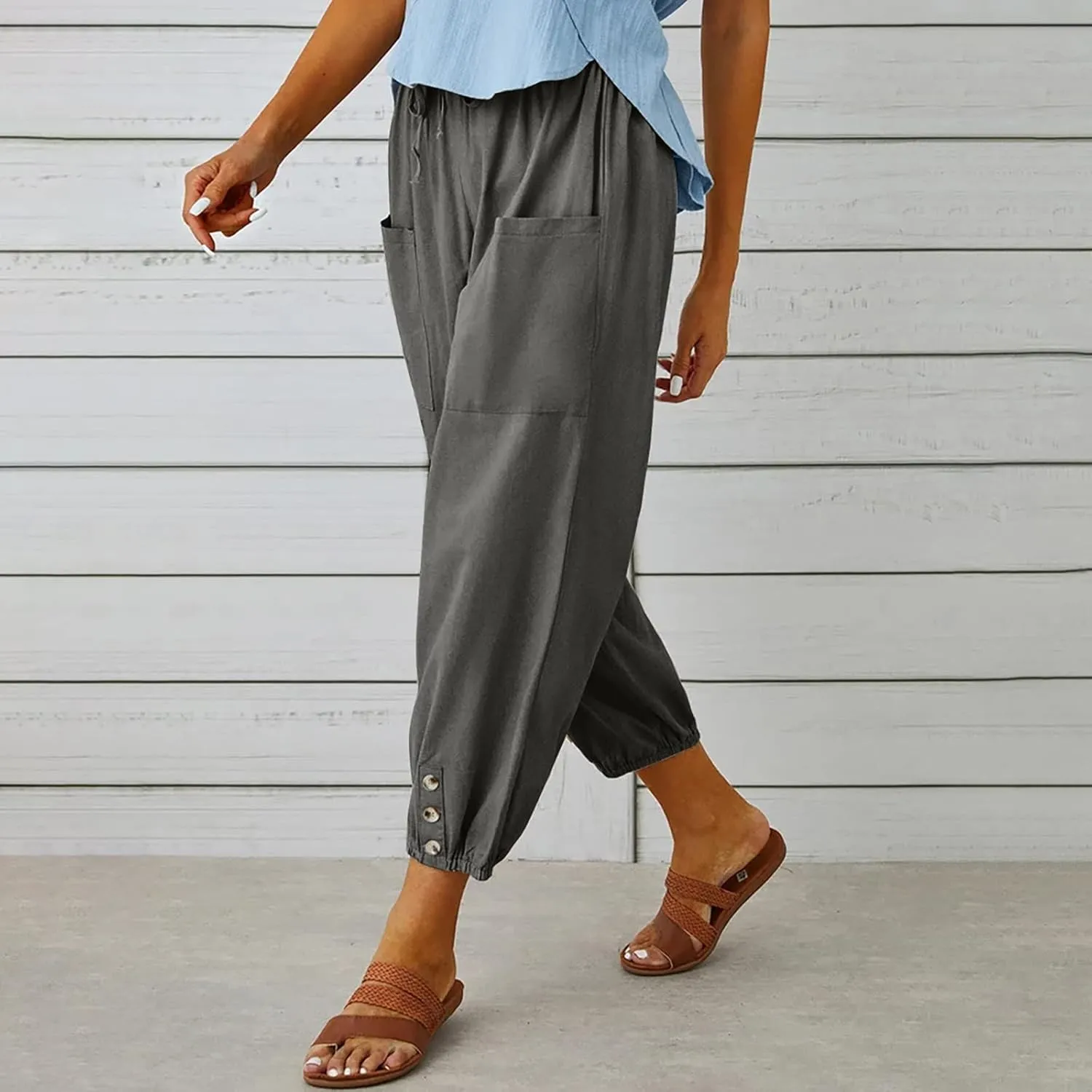 Drawstring Linen Pants for Women Loose Fit Button Down Pants High Waisted Wide Leg Pants Lounge Pants with Pockets