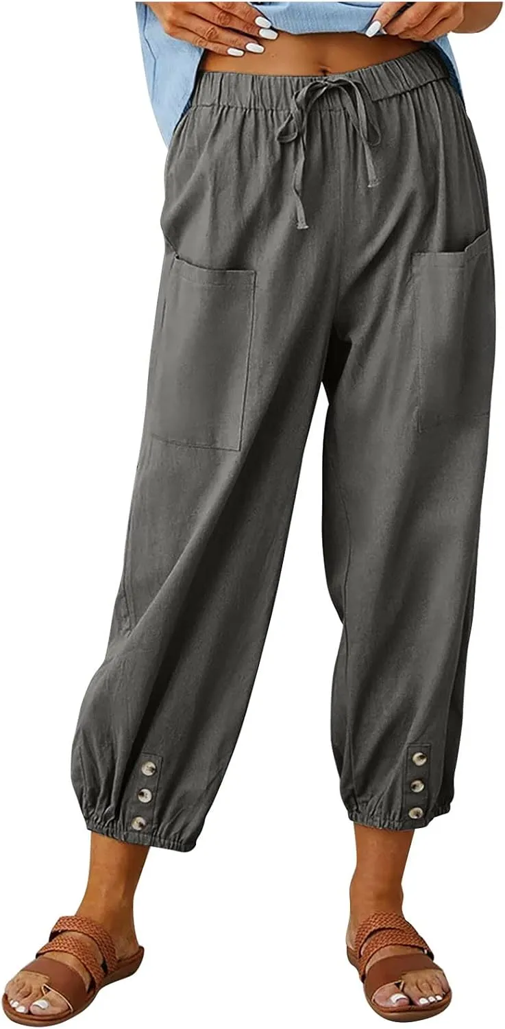 Drawstring Linen Pants for Women Loose Fit Button Down Pants High Waisted Wide Leg Pants Lounge Pants with Pockets
