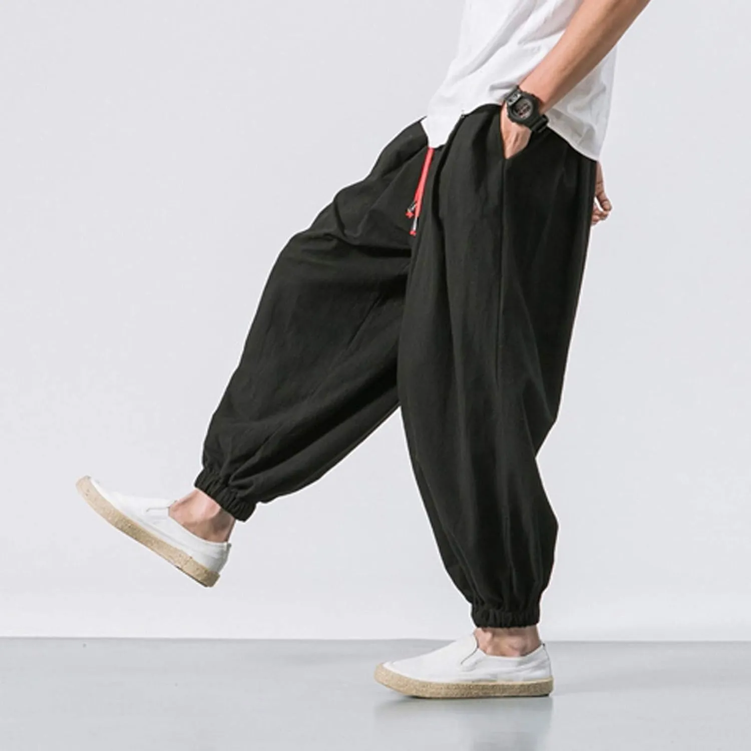 Dudubaby Men Casual Pants Mens Baggy Pants Drawstring Cotton Linen Wide Leg Yoga Pants Solid Color Baggy Pants
