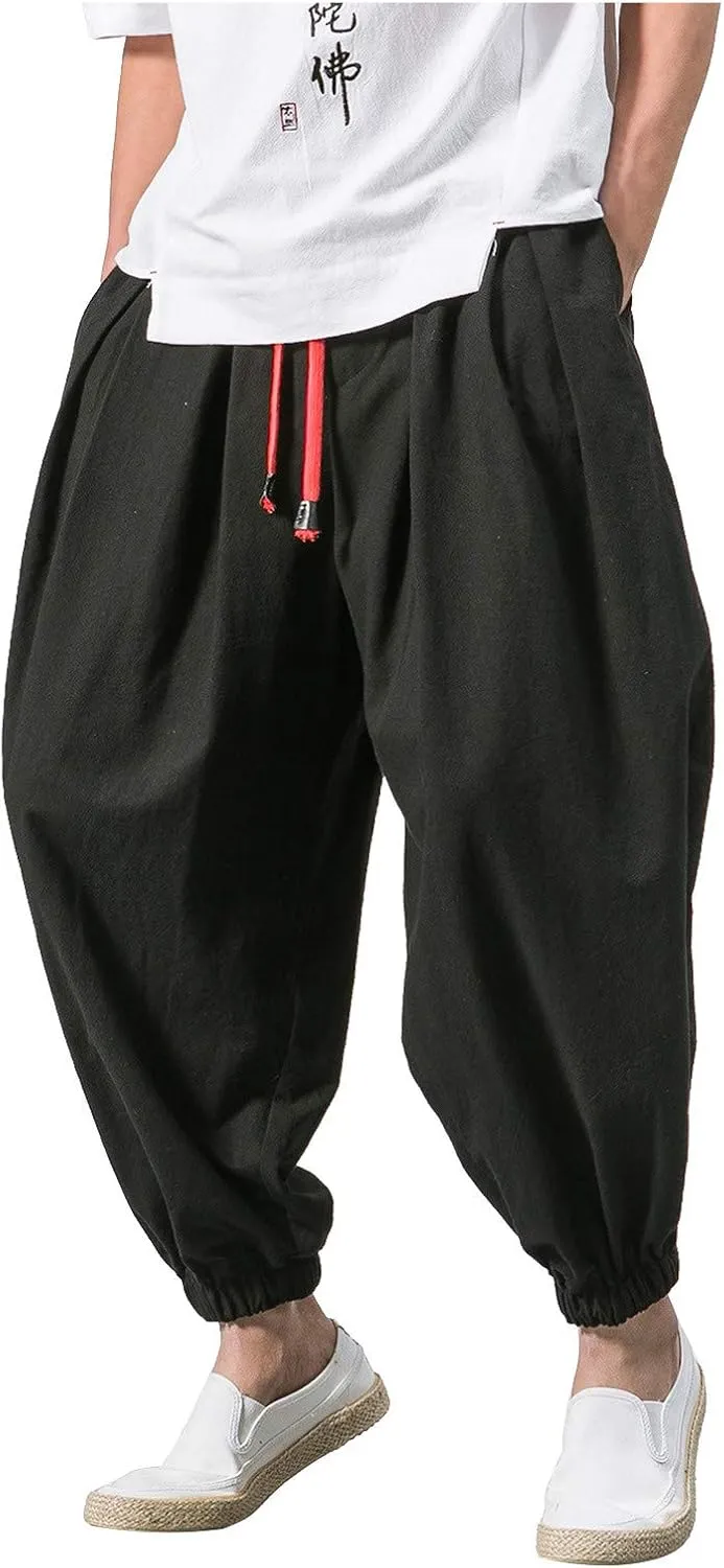 Dudubaby Men Casual Pants Mens Baggy Pants Drawstring Cotton Linen Wide Leg Yoga Pants Solid Color Baggy Pants