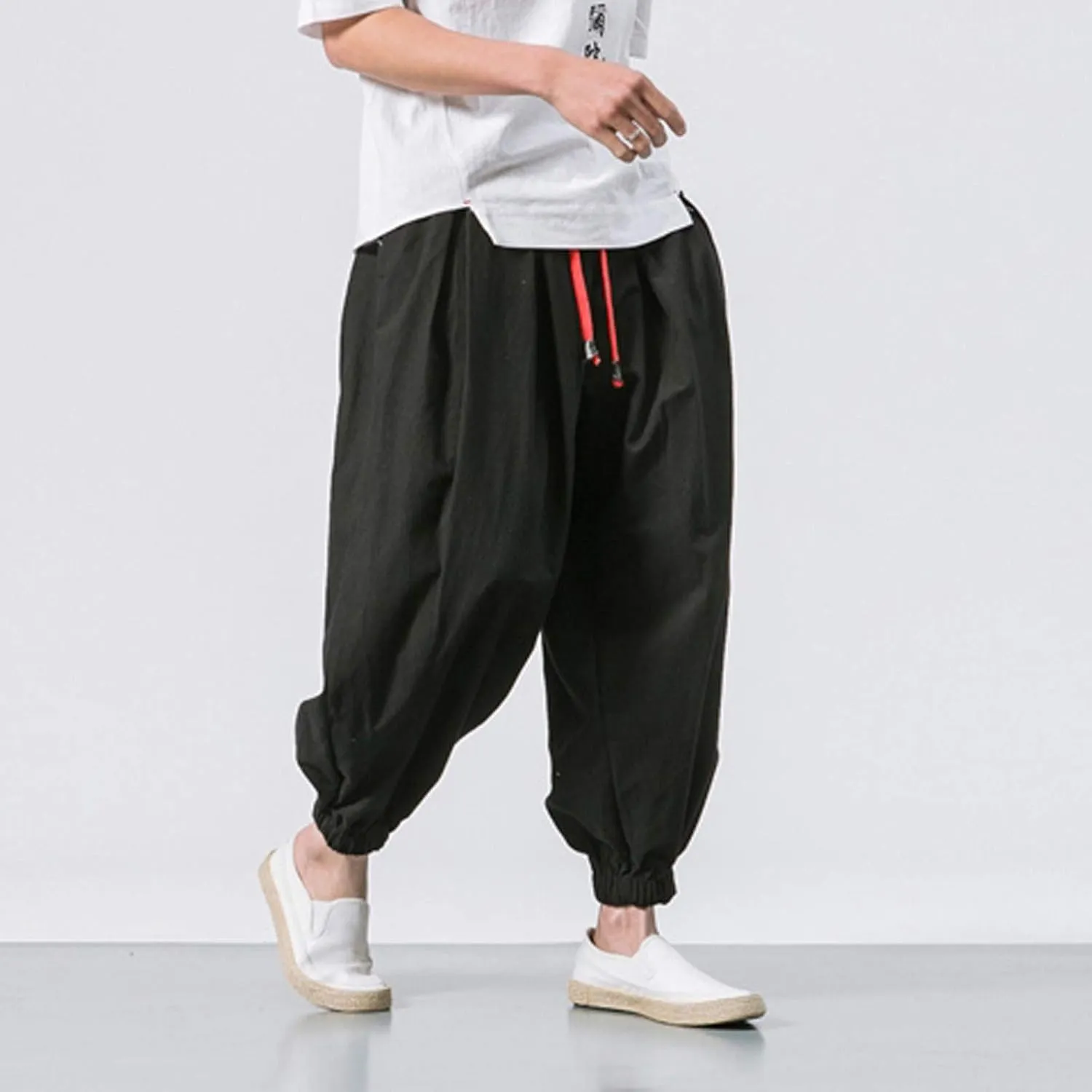 Dudubaby Men Casual Pants Mens Baggy Pants Drawstring Cotton Linen Wide Leg Yoga Pants Solid Color Baggy Pants