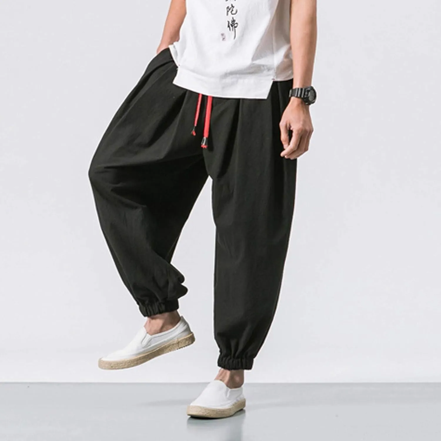 Dudubaby Men Casual Pants Mens Baggy Pants Drawstring Cotton Linen Wide Leg Yoga Pants Solid Color Baggy Pants