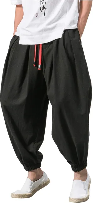 Dudubaby Men Casual Pants Mens Baggy Pants Drawstring Cotton Linen Wide Leg Yoga Pants Solid Color Baggy Pants