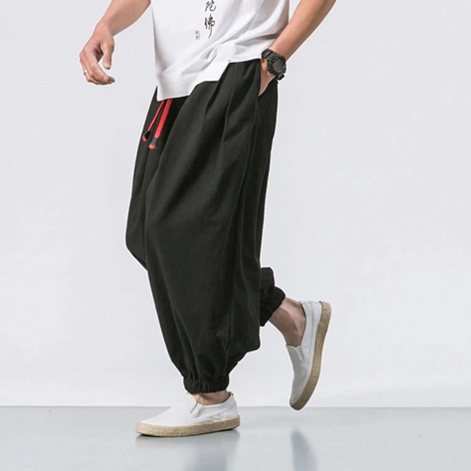 Dudubaby Men Casual Pants Mens Baggy Pants Drawstring Cotton Linen Wide Leg Yoga Pants Solid Color Baggy Pants