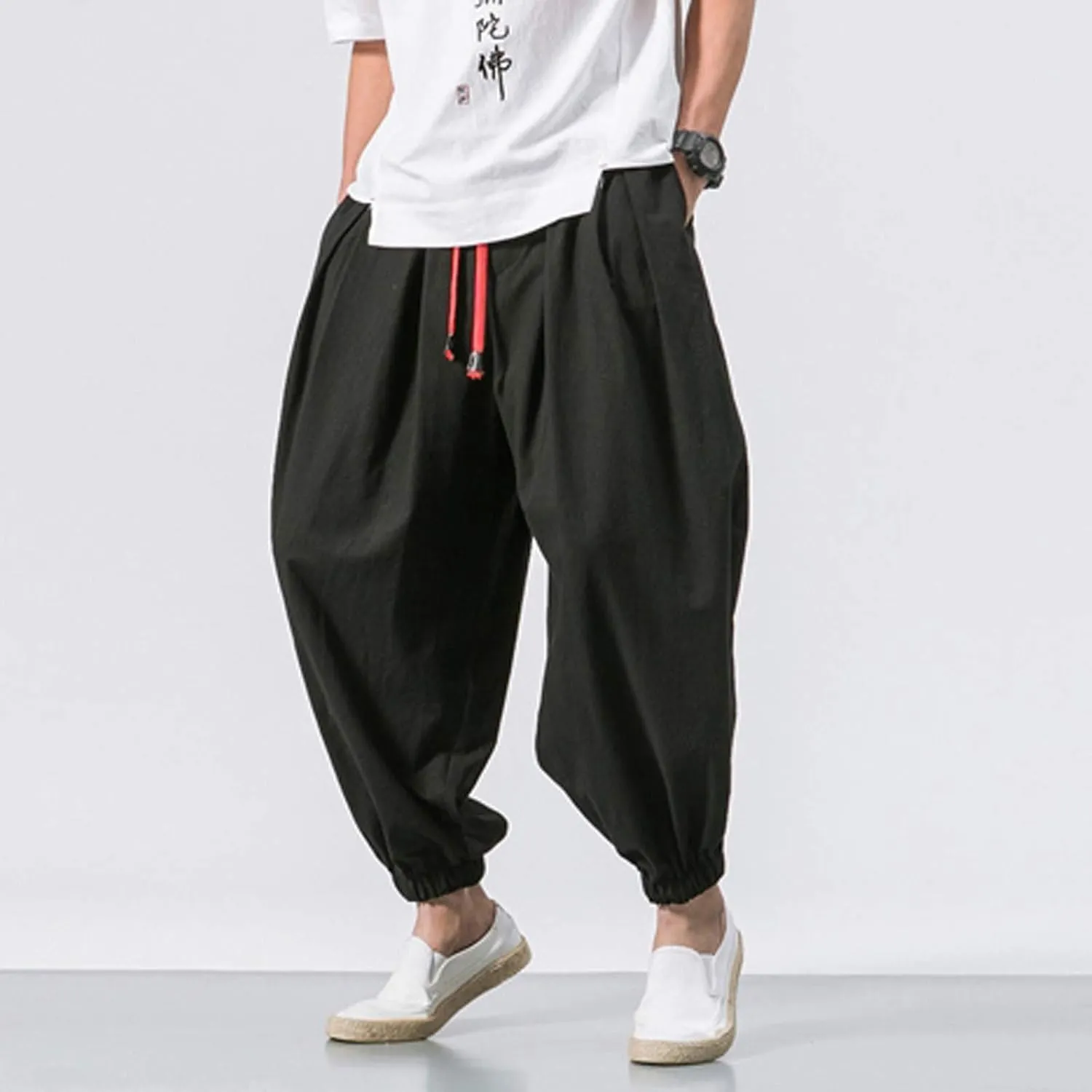 Dudubaby Men Casual Pants Mens Baggy Pants Drawstring Cotton Linen Wide Leg Yoga Pants Solid Color Baggy Pants