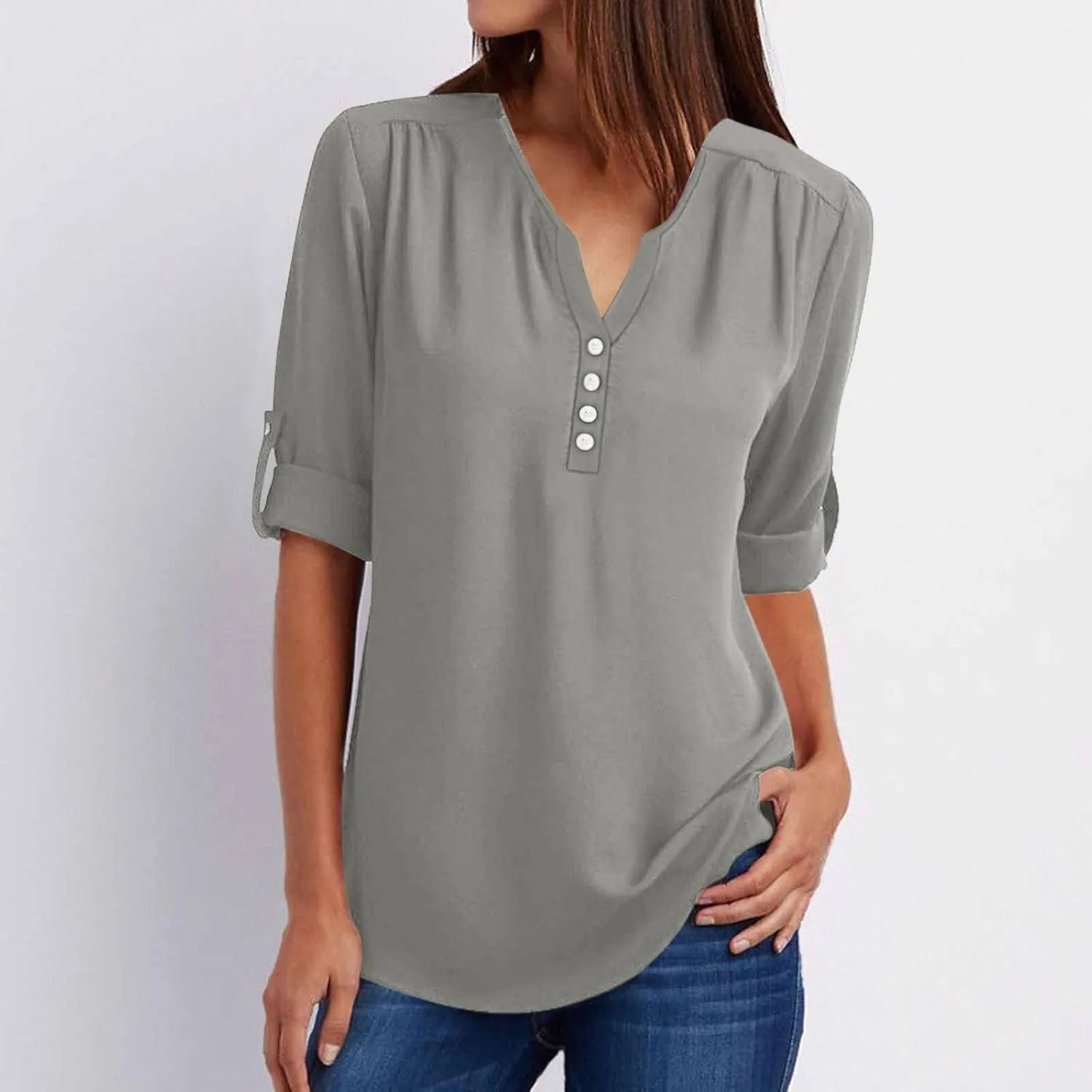 Fall Tops for Women 2024 Rolled Up Long Sleeve V Neck Button Down T Shirts Business Casual Work Chiffon Tunic Blouse