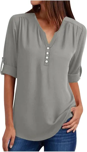 Fall Tops for Women 2024 Rolled Up Long Sleeve V Neck Button Down T Shirts Business Casual Work Chiffon Tunic Blouse