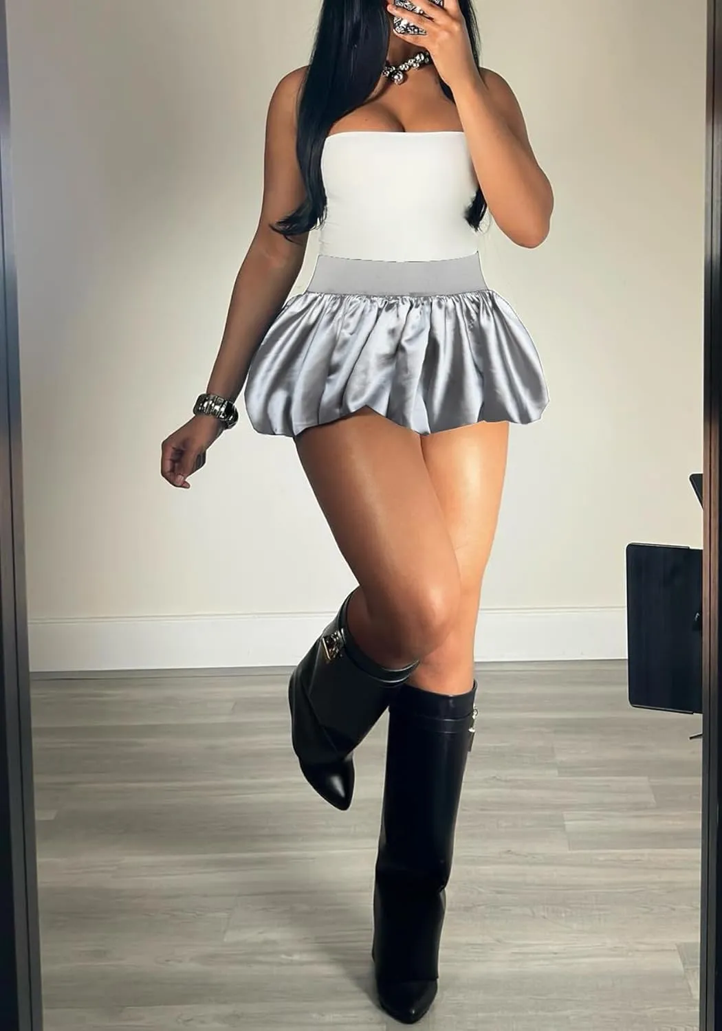 Famnbro Womens Satin Bubble Skirt Y2k Puffy Pleated Ruffle Elastic Waist Cute Summer Mini Skirts