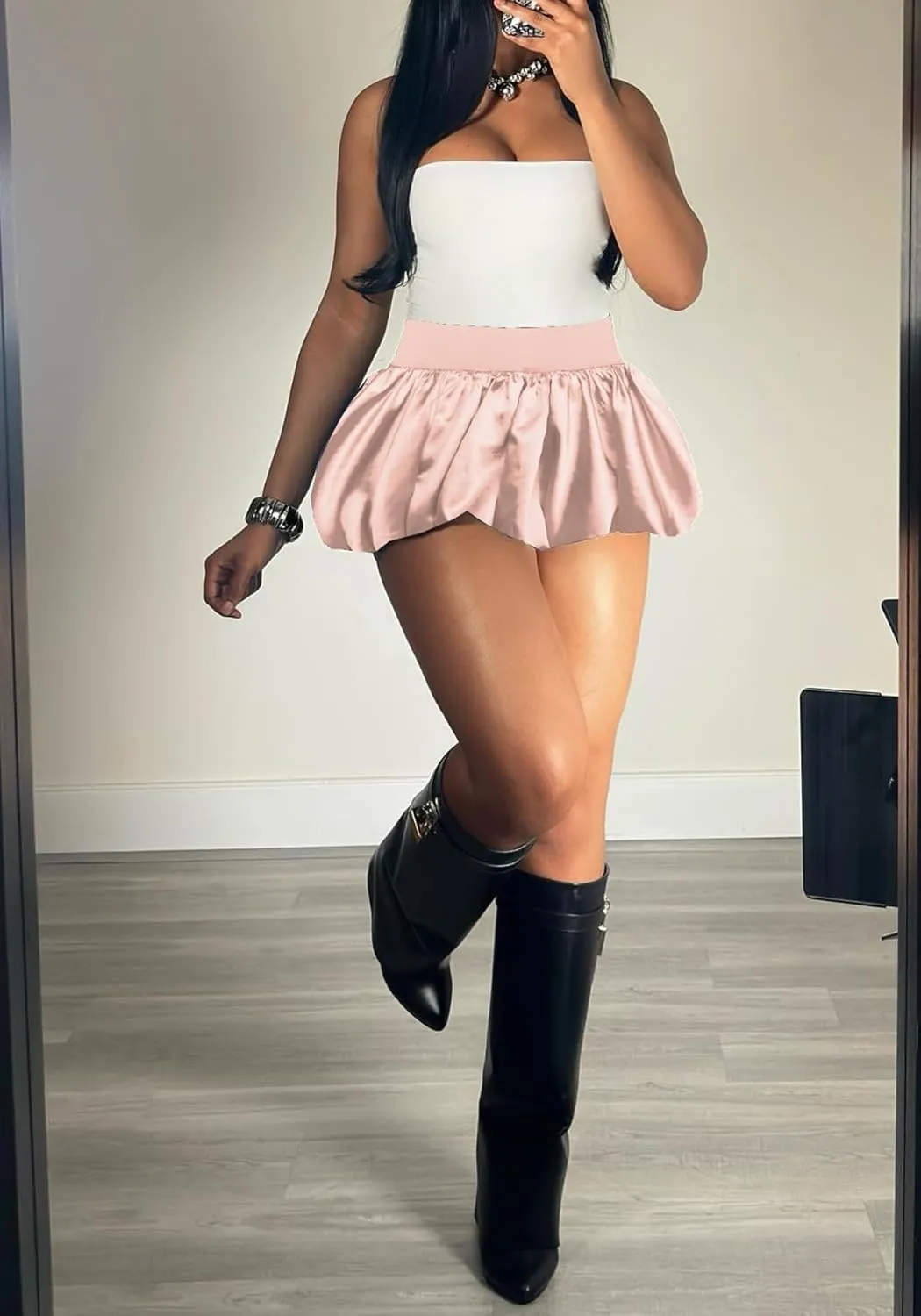 Famnbro Womens Satin Bubble Skirt Y2k Puffy Pleated Ruffle Elastic Waist Cute Summer Mini Skirts