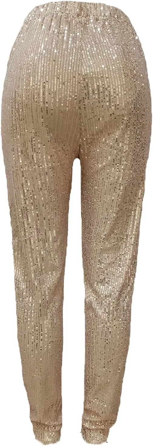 Fawjsais Women Sexy Glitter Sequin Pants High Waist Leggings Evening Party Clubwear