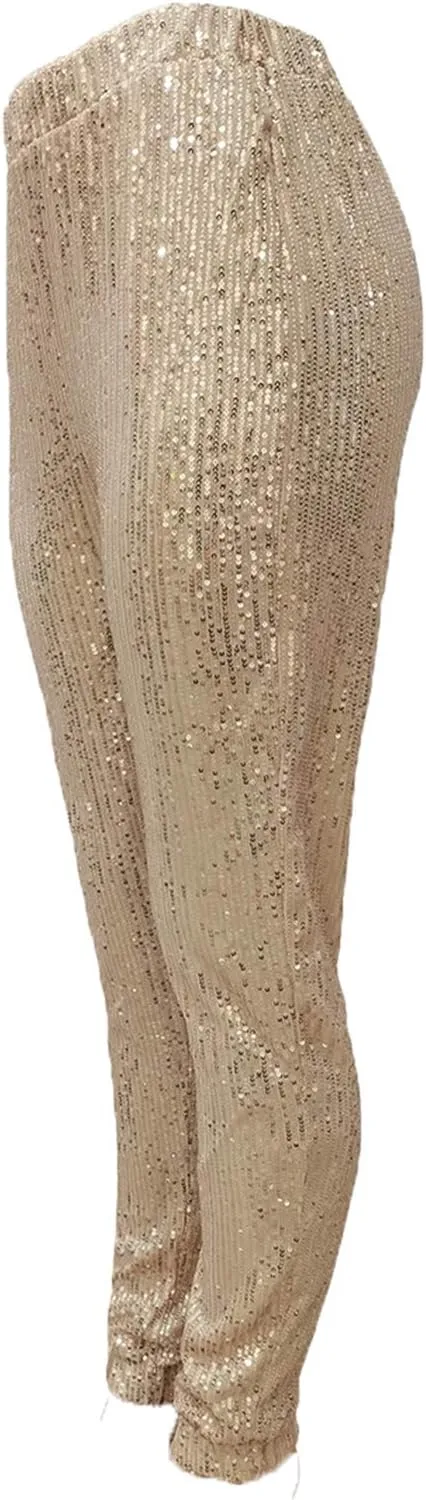 Fawjsais Women Sexy Glitter Sequin Pants High Waist Leggings Evening Party Clubwear