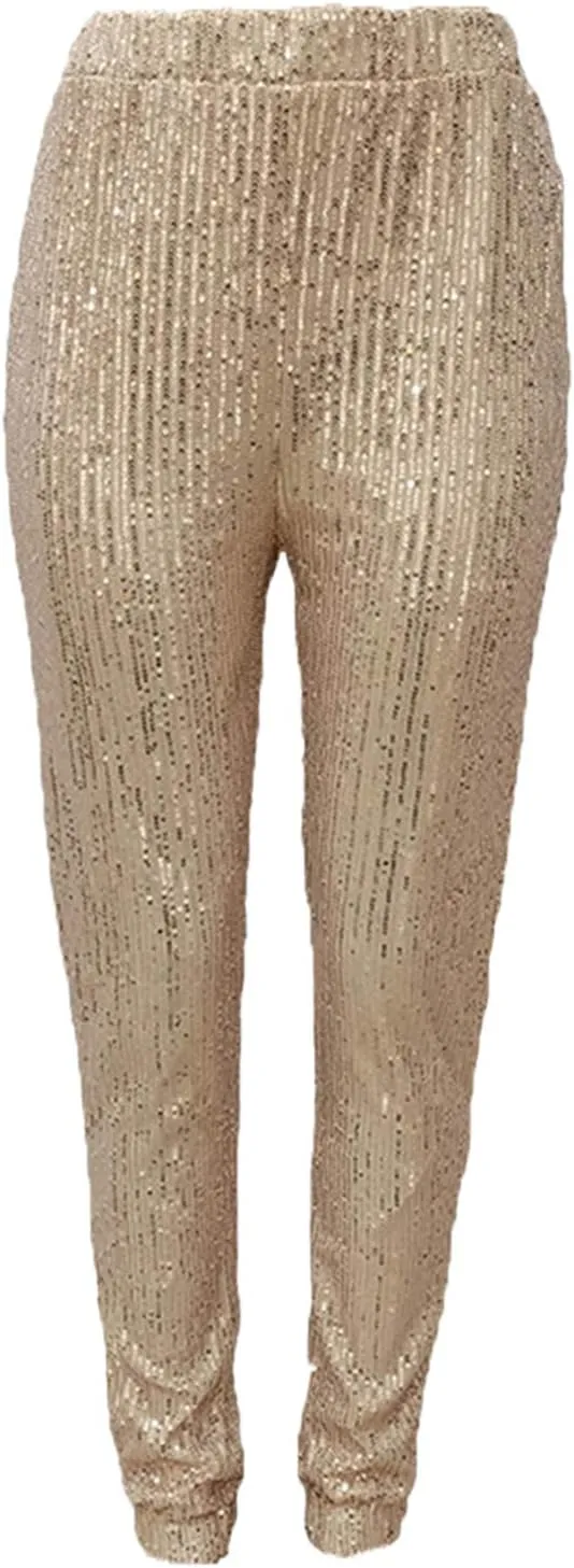 Fawjsais Women Sexy Glitter Sequin Pants High Waist Leggings Evening Party Clubwear