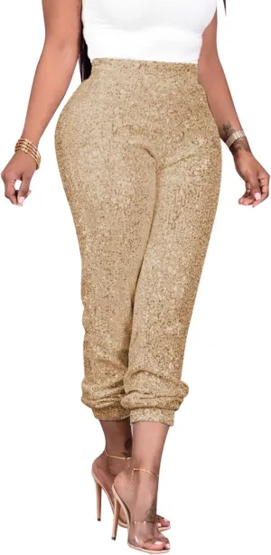 Fawjsais Women Sexy Glitter Sequin Pants High Waist Leggings Evening Party Clubwear