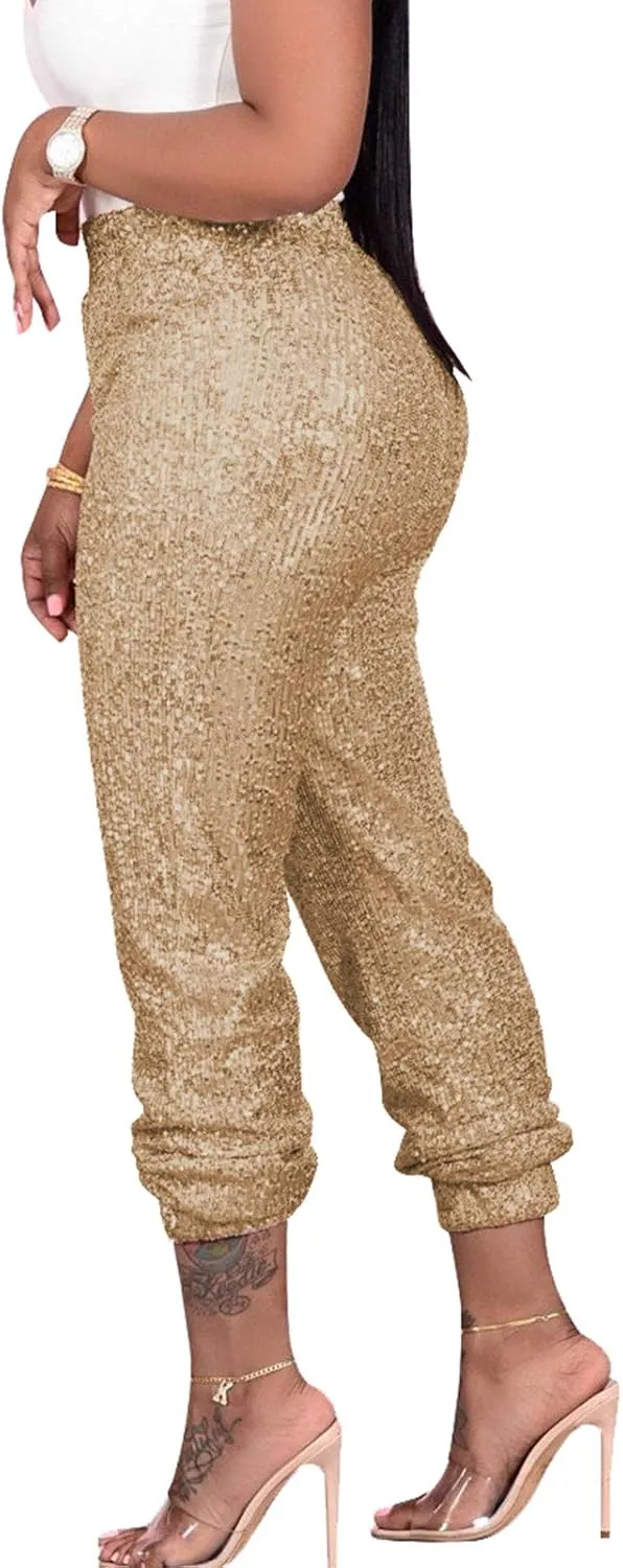 Fawjsais Women Sexy Glitter Sequin Pants High Waist Leggings Evening Party Clubwear