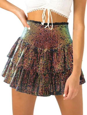 FEOYA Women Sequins Ruffle Skirt High Waist Glitter Flowy Skirt Layered Shiny Mini Skirt Built in Shorts