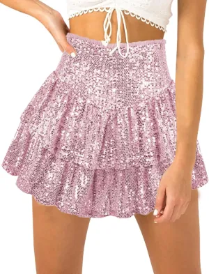 FEOYA Women Sequins Ruffle Skirt High Waist Glitter Flowy Skirt Layered Shiny Mini Skirt Built in Shorts